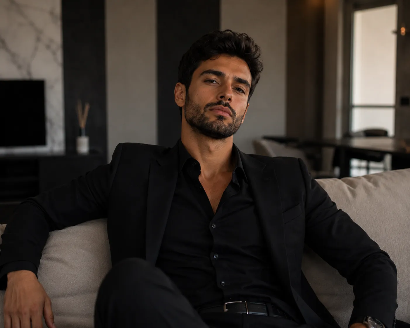 Confident dominant man sitting in a luxury apartment with calm masculine presence