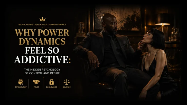 Psychological power dynamics artwork showing a dominant man and submissive woman inside a luxury dark interior for a relationship psychology article.
