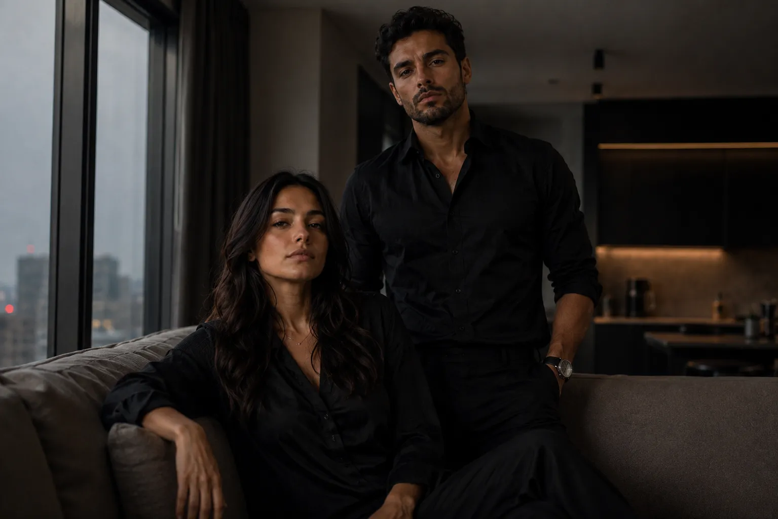 Adrian and Elena Voss in a private luxury apartment during an intimate evening atmosphere
